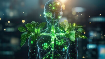 Wall Mural - green plant growing from chest of digital human body promoting healthy lifestyle