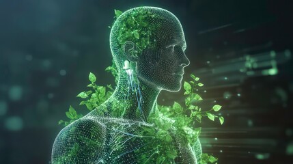 Wall Mural - green plant growing from chest of digital human body promoting healthy lifestyle