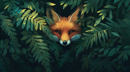 Poster -   Red fox painting peeks, wide-eyed behind green foliage