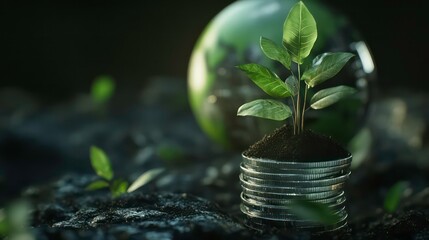 Wall Mural - young plant sprouting from coins, with a blurred earth globe in the background, symbolizing growth a