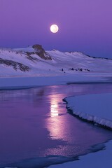 Sticker - Full moon reflecting on a winter river flowing through snowy mountains.