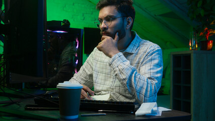 arabian indian man programmer error wrong stress male work freelancer guy cryptocurrency loss failur