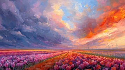 Poster -  Field of Tulips, Windmills & Cloudy Sky