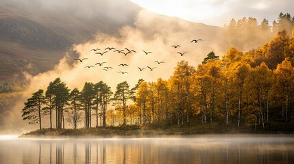 Wall Mural - a group of birds soaring above water near a yellow-orange tree forest during a foggy day