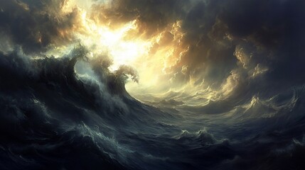 Wall Mural - Dramatic ocean waves under a stormy sky with sunlight breaking through dark clouds 53 characters