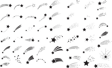 shooting star silhouettes collection, black vector celestial designs for fantasy and space themes