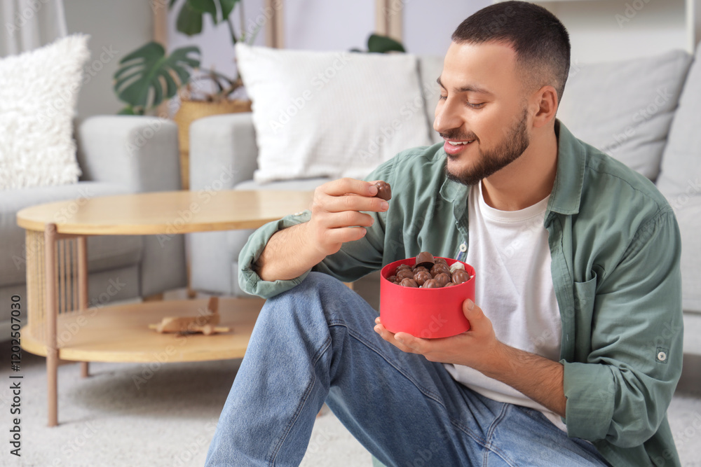 Young man with box of chocolates sitting on floor at home