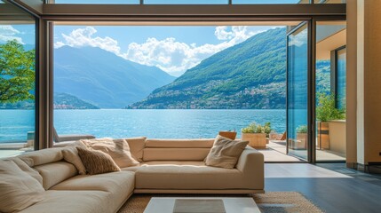 Wall Mural - Lakefront Living: Modern home interior with breathtaking panoramic view of a serene lake and majestic mountains, inviting relaxation and escapism. 