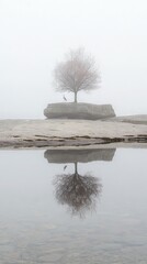 Wall Mural -   Lone tree on water with rocky backdrop