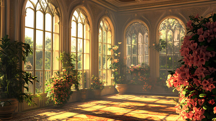 Room with large windows and flowers. generative ai. Ornate Palace Interior. Illustration