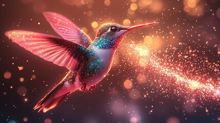 Wall Mural - a painting depicts a hummingbird flying in the night sky, with a star trail visible in the foregroun