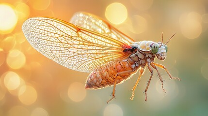 Poster -   A close-up of a dragonfly flying in the air with a blurry background light