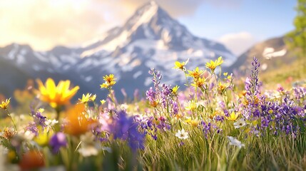 Wall Mural -   In front of a snow-capped mountain lies a field of wildflowers and daisies