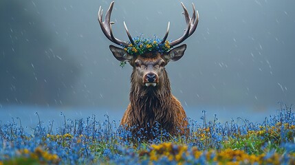 Wall Mural - a deer wearing a floral crown roams amidst blue and yellow blossoms in a meadow