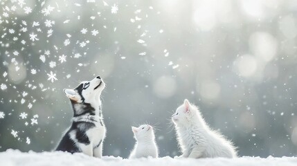 Poster -   Dog, kittens and snowflakes falling from sky