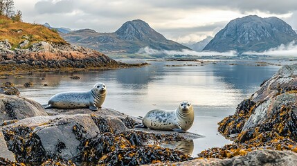 Sticker -   A pair of seals rest on a rocky mound beside a tranquil lake, surrounded by majestic mountain peaks