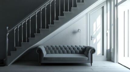 Wall Mural - Serene Entryway: A grey tufted Chesterfield sofa sits serenely beneath a graceful, curved staircase in a bright, minimalist interior.  Sunlight streams through a nearby door, adding warmth and depth.