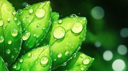 Wall Mural -   A macro shot of a lush green plant with water droplets on its leaves and a softly focused backdrop