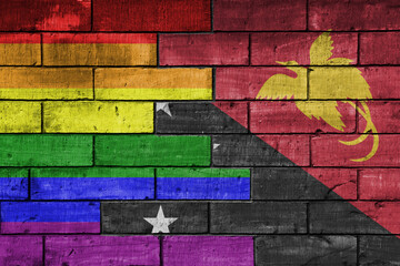 Sticker - colourful painted big flag of Papua New Guinea and rainbow gay pride flag on a massive old brick wall background. concept