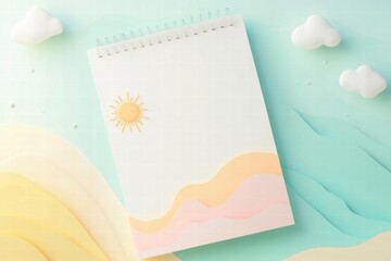 Aufkleber - Creative planner layout featuring abstract sun, clouds, and mountains with soft pastel colors for inspiration. Generative AI