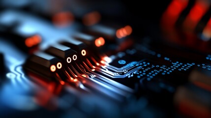 Circuit board glowing, technology, close-up, digital data streams, abstract background