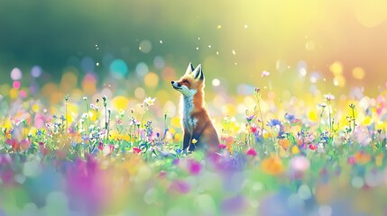 Sticker -   A fox in a wildflower field with a blurred sky