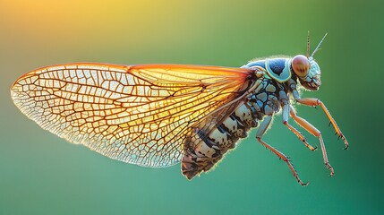 Wall Mural -   A detailed view of a dragonfly insect against a green and yellow backdrop with a hazy sky behind it