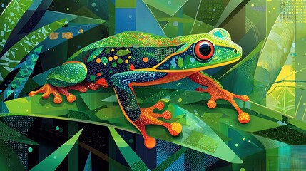 Poster -   Bright frog atop lush greenery with water droplets under sun