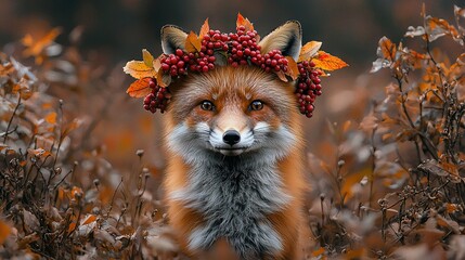 Poster -   A close-up of a fox wearing a wreath of berries on its head and looking directly at the camera