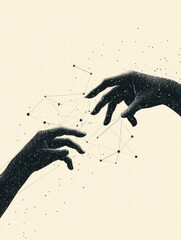 Leinwandbilder - Silhouettes of hands extending connection lines and dots in a creative representation of human interaction and communication. Generative AI