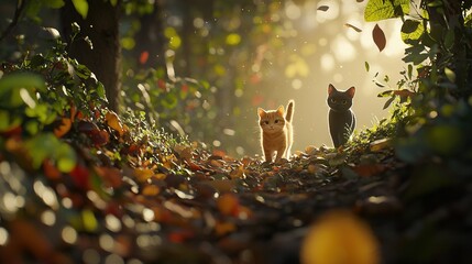 Poster -   A pair of feline friends perched on a lush green platform surrounded by towering trunks and branches