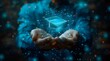 © Yuliia - Digital education concept with glowing graduation cap hologram floating over hands, perfect for e-learning, online courses and modern academic technology presentations.