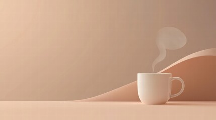 Aufkleber - Warm steam rises from a white coffee cup on a smooth beige surface with stylish background curves in a minimalist setting. Generative AI