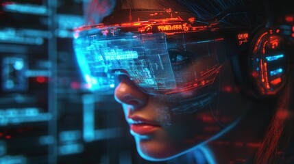 Woman wearing futuristic glasses, viewing digital data.