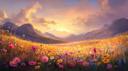 Wall Mural - A vibrant field of wildflowers bathed in the golden glow of the afternoon sun, showcasing a harmonious symphony of color and life. Harmonious Nature Symphony. Illustration