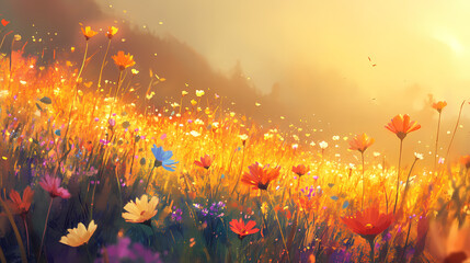 A vibrant field of wildflowers bathed in the golden glow of the afternoon sun, showcasing a harmonious symphony of color and life. Harmonious Nature Symphony. Illustration