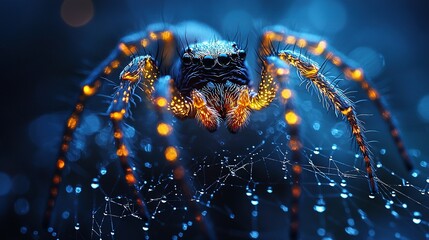 Wall Mural -   Spider in close-up with yellow and blue lights on legs and head against a dark blue background