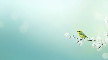 Poster -   A yellow bird on a branch with white flowers and blue sky background