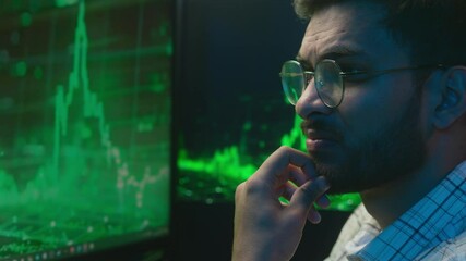 Displeased Indian Arabian man broker guy programming code cryptocurrency computer trading problem male angry programmer technology error coder crash failure chart cybersecurity Bitcoin web pc nervous