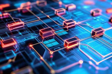futuristic abstract circuit board with bright neon lines and geometric shapes in a digital environme