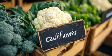 Wall Mural - Close-Up Image of Fresh Cauliflower with Leafy Greens on Display at a Local Farmers Market Stall with a Wooden Signboard Indicating Vegetable Name