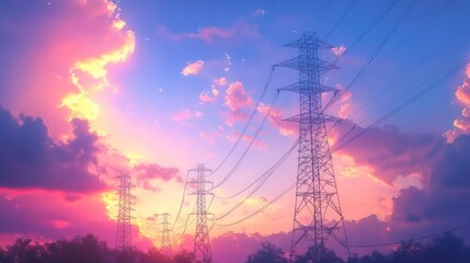 Sticker - Pastel Sunset and Power Lines:  A dreamy, pastel sunset paints the sky with vibrant hues of pink, orange, and purple, silhouetting tall power lines against the colorful clouds.