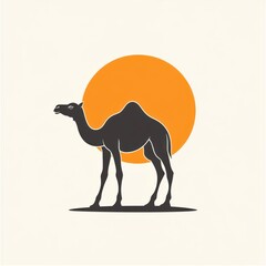 Canvas Print - A camel silhouette stands against a large sun with a plain backdrop for desert travel use