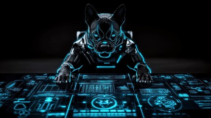 Canvas Print - Futuristic dog pilot in a spaceship cockpit, operating digital controls.