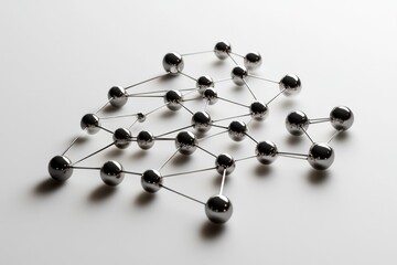 Poster - Metallic spheres and rods arranged to form a molecular structure on a plain white background. Generative AI