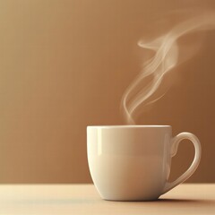 Poster - Steam rises from a white ceramic cup filled with hot beverage on a smooth wooden table in soft morning light. Generative AI