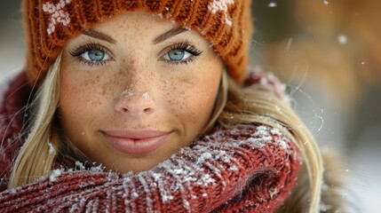 Wall Mural - A Close-Up Portrait of a Person with Freckles, Wearing a Knit Hat and Scarf, Surrounded by Falling Snowflakes, Capturing the Essence of a Winter Wonderland