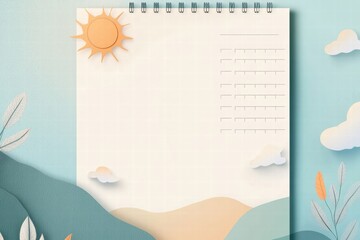 Aufkleber - Creative planner layout with abstract nature elements featuring sun, clouds, and mountains in a calming color scheme. Generative AI
