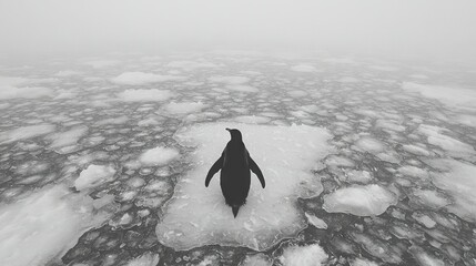 Wall Mural -   A monochromatic image depicts a penguin on an ice floe, surrounded by fog The background features a gloomy sky