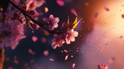 Wall Mural -   A zoomed-in photo of a blossom on a twig, with petals swirling around it and the sun behind